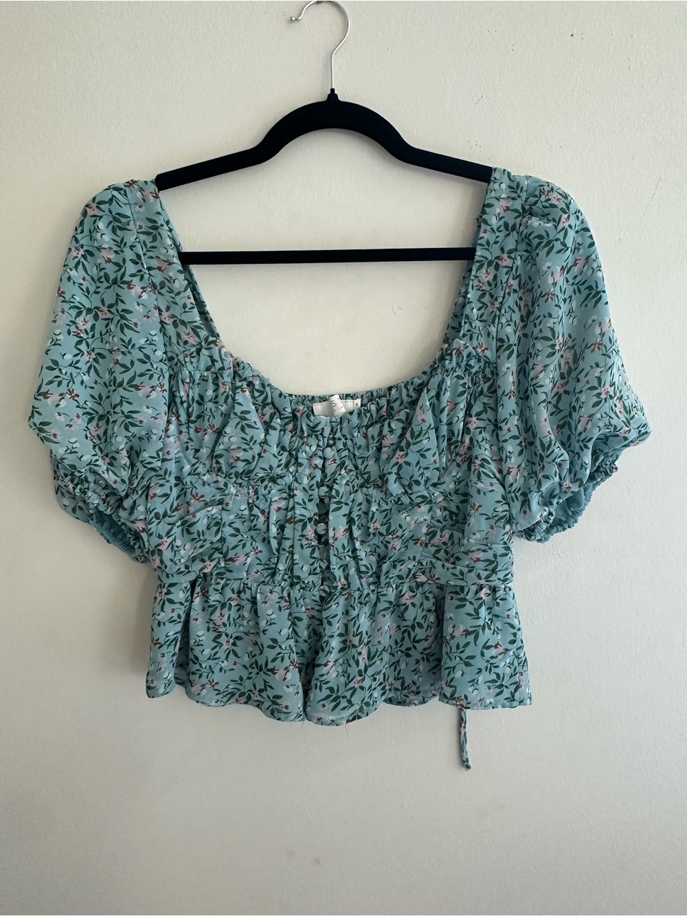 Astr Floral Smocked Peplum Crop Top - Light Blue with Pink